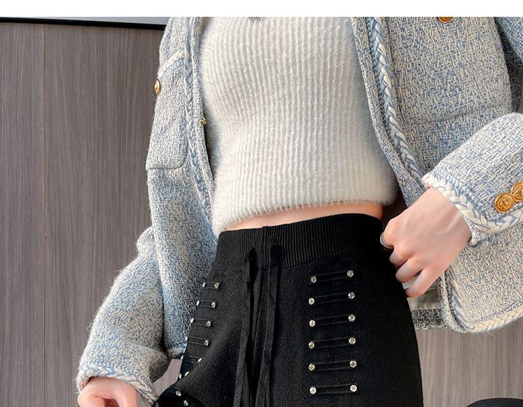 High Rise Rhinestone Knit Wide Leg Pants Product Image