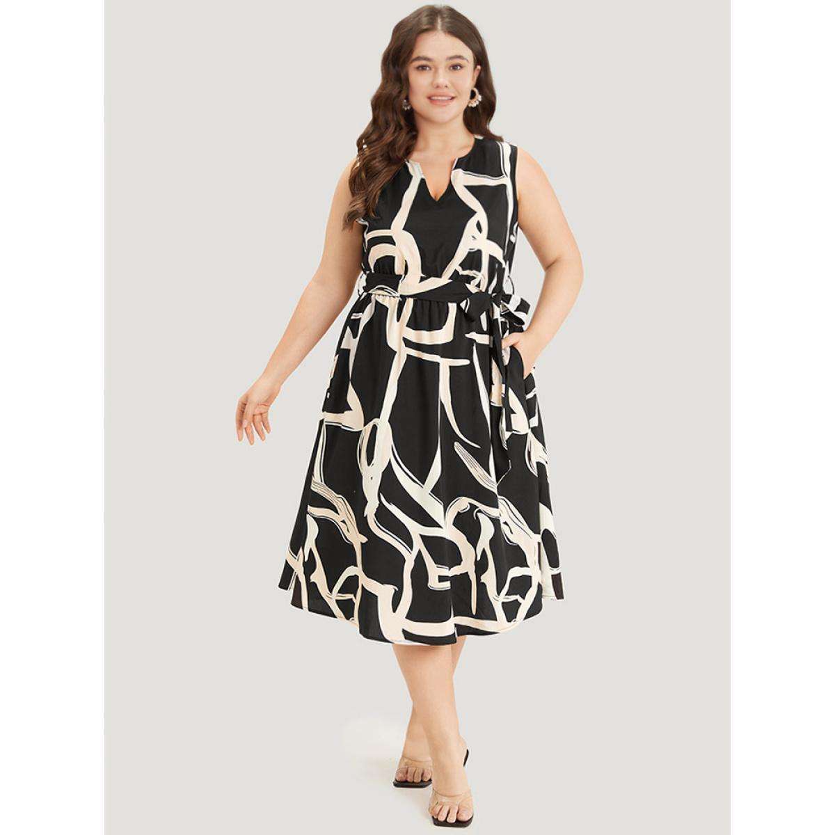 Plus Size Geometric Print Pocket Notched Belted Tank Dress Black Women Office Gathered Notched collar Sleeveless Curvy Midi Dress BloomChic 22-24/3X Product Image