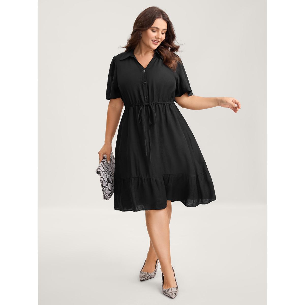 Plus Size Button Placket Waist-Tie Midi Dress Black Women Notched collar Short sleeve Curvy BloomChic 12/L Product Image