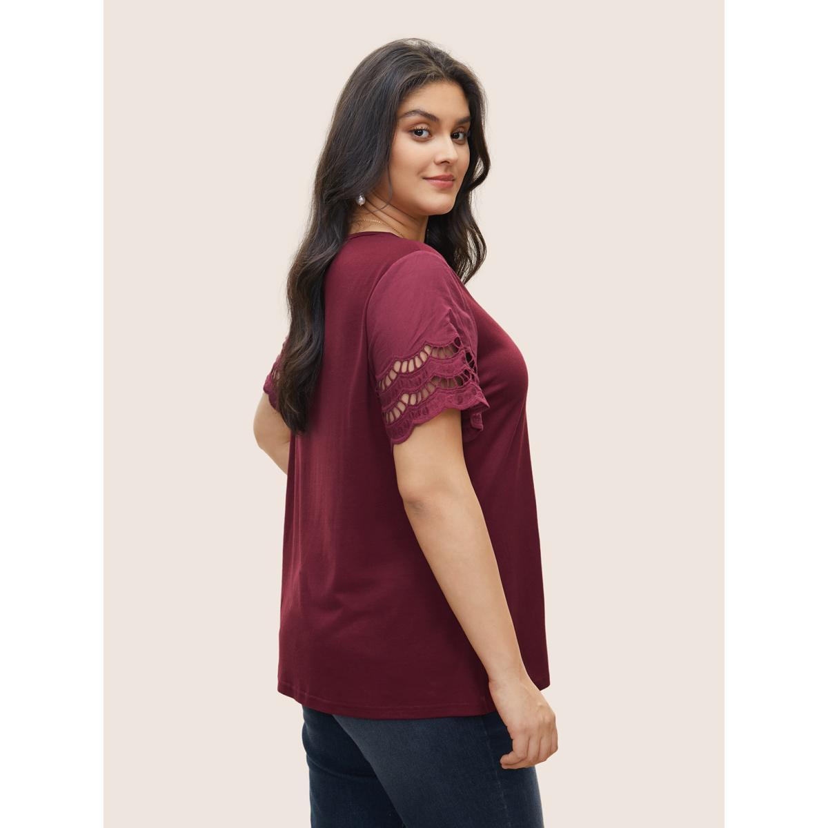 Plus Size Patchwork Broderie Anglaise Scalloped Trim T-shirt Burgundy Women Elegant Non Plain Round Neck Everyday T-shirts BloomChic 12/L Product Image