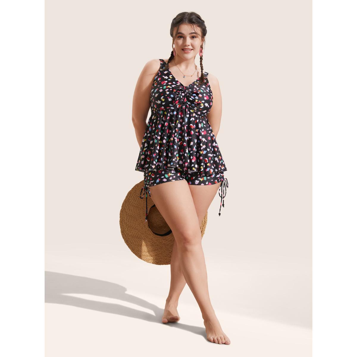 Plus Size Allover Print Drawstring Skinny Swim Bottom Women's Swimwear Black Beach Drawstring High stretch Skinny High Rise Curve Swim Bottoms BloomChic 30/6X Product Image