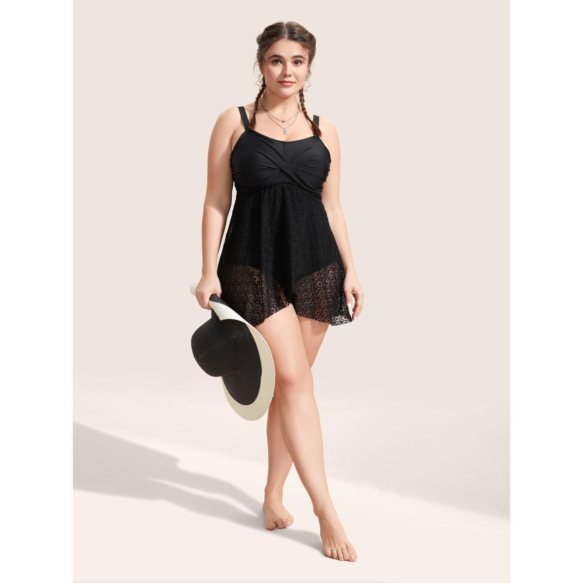 Plus Size Crochet Lace Mesh Twist Swim Dress Women's Swimwear Black Beach Bodycon Heart neckline High stretch Curve Swim Dresses BloomChic 26/4X Product Image