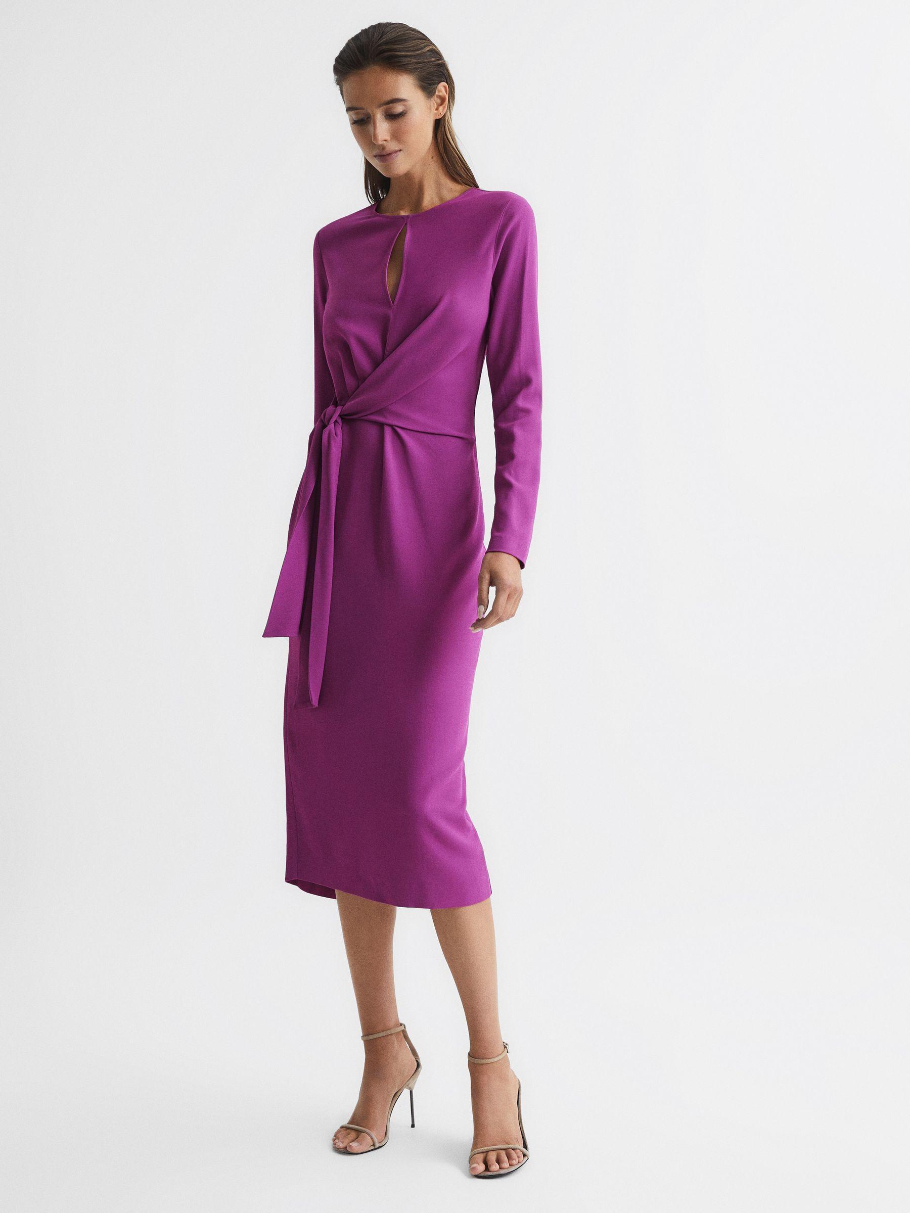 Tie Waist Bodycon Midi Dress in Magenta Product Image