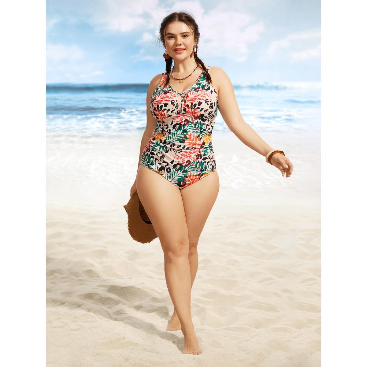 Plus Size Tropical Print Crisscross Keyhole One Piece Swimsuit Women's Swimwear Multicolor Beach Gathered Curve Bathing Suits High stretch One Pieces BloomChic 18-20/2X Product Image