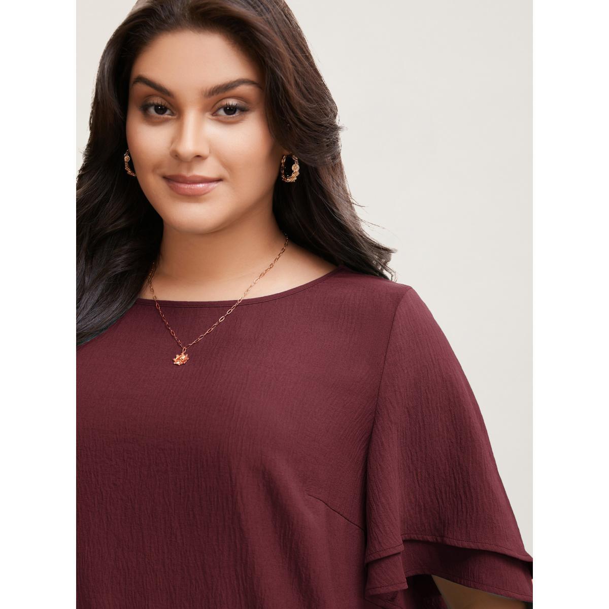 Plus Size Burgundy Solid Tiered Ruffles Split Hem Blouse Women Elegant Half Sleeve Boat Neck Everyday Blouses BloomChic 10/M Product Image