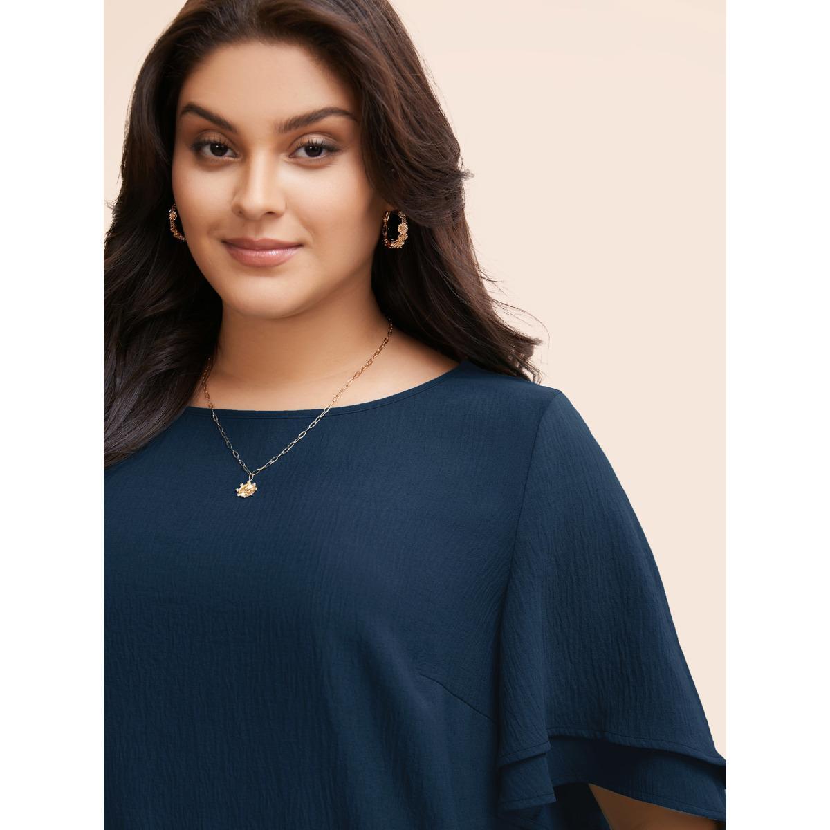 Plus Size Indigo Solid Tiered Ruffles Split Hem Blouse Women Elegant Half Sleeve Boat Neck Everyday Blouses BloomChic 30/6X Product Image