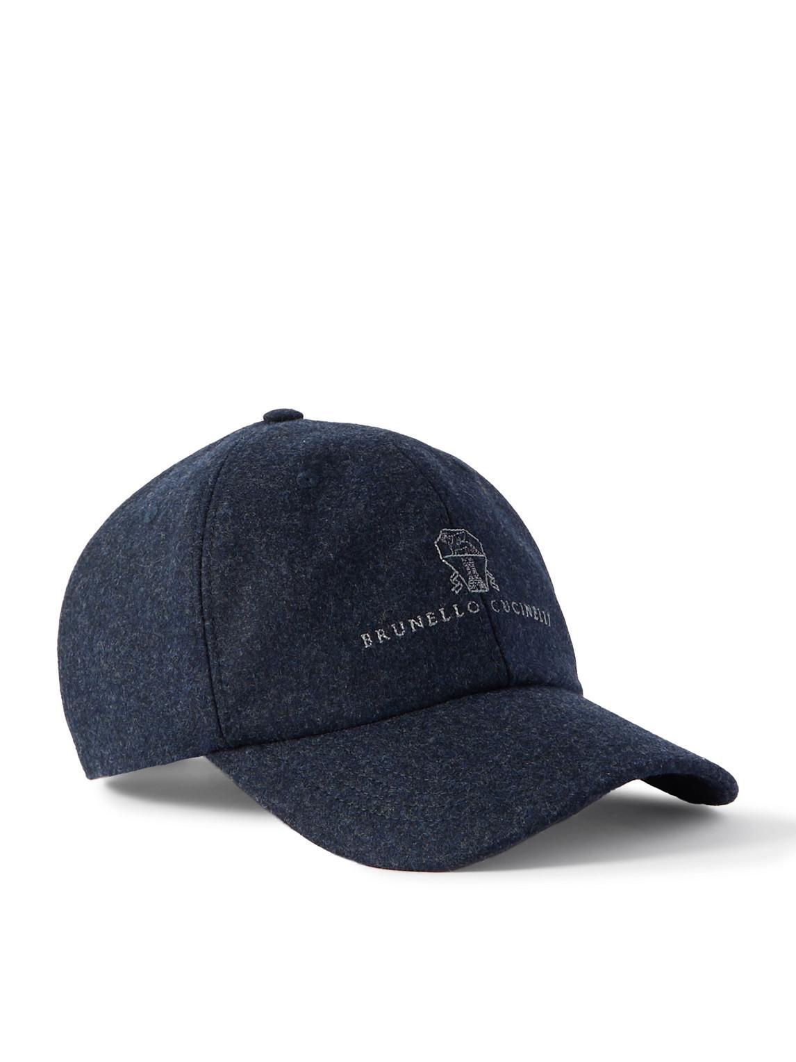 BRUNELLO CUCINELLI Logo-embroidered Leather-trimmed Wool-flannel Baseball Cap In Blue Product Image