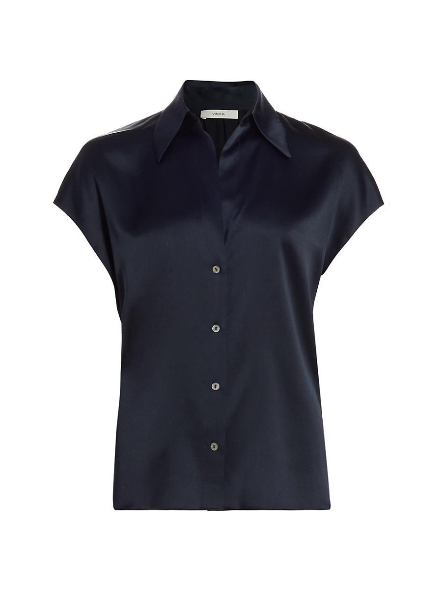 Cap-Sleeve Ruched-Back Silk Blouse Product Image