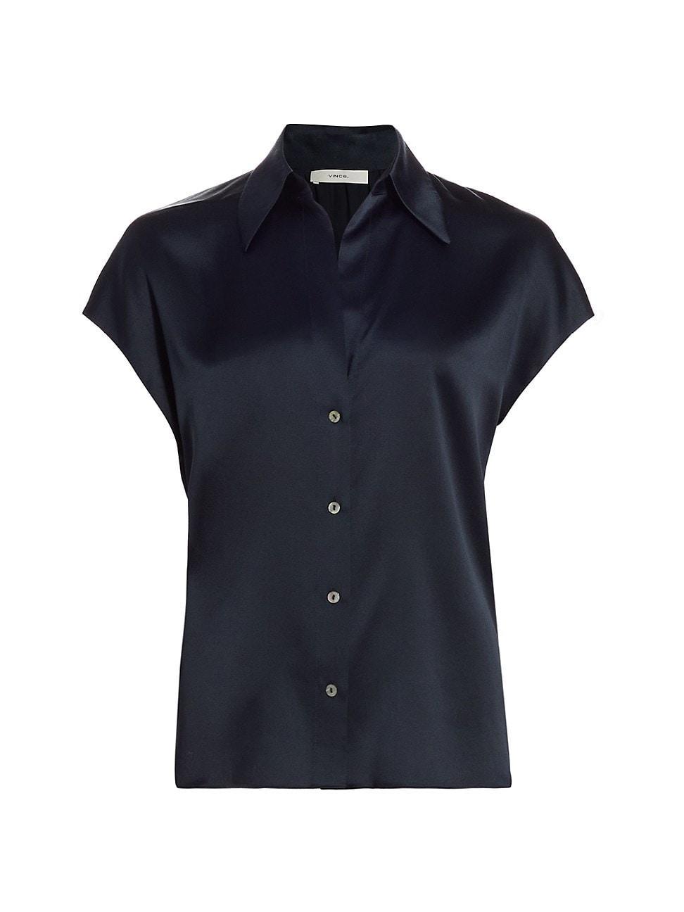 Cap-Sleeve Ruched-Back Silk Blouse Product Image