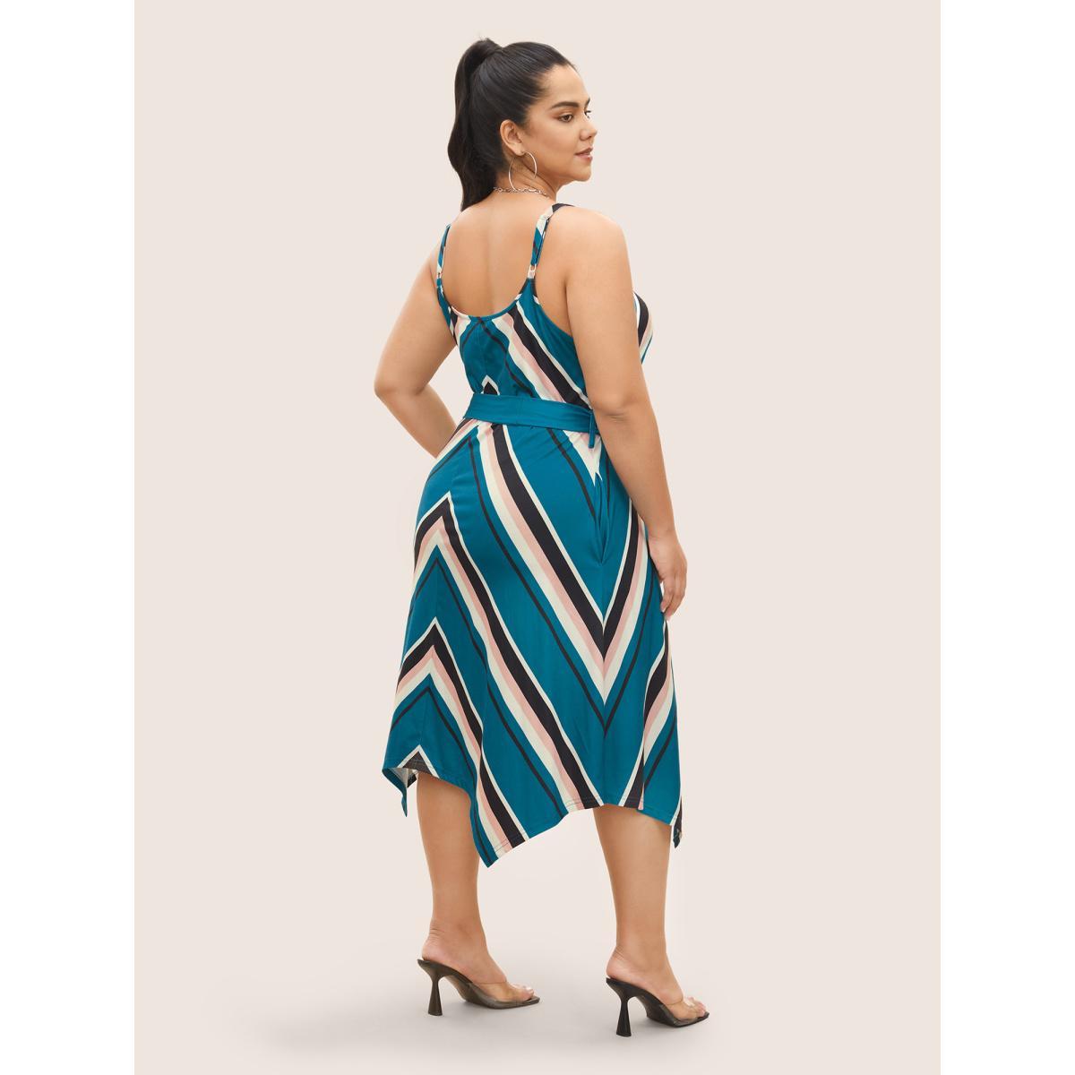 Plus Size Striped Geometric Belted Adjustable Straps Dress Cerulean Women Casual Non U-neck Sleeveless Curvy Midi Dress BloomChic 26/4X Product Image