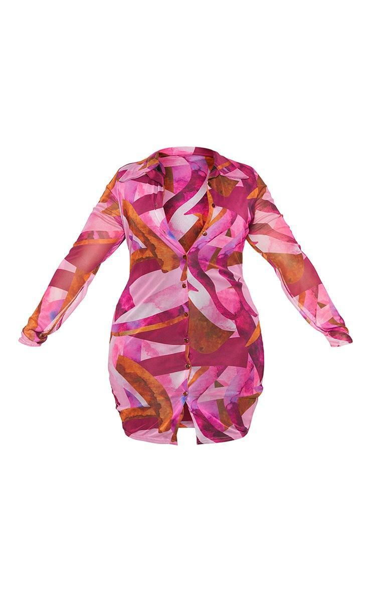 Plus Pink Abstract Mesh Button Down Shirt Dress Product Image