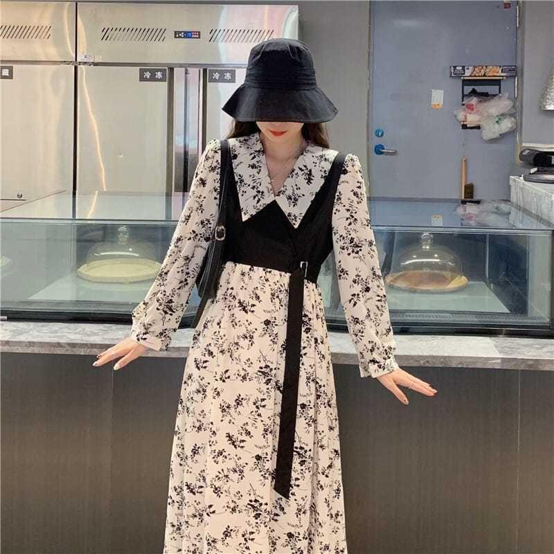 Long-Sleeve Collared Mock Two-Piece Floral Print Buckled Midi A-Line Dress Product Image