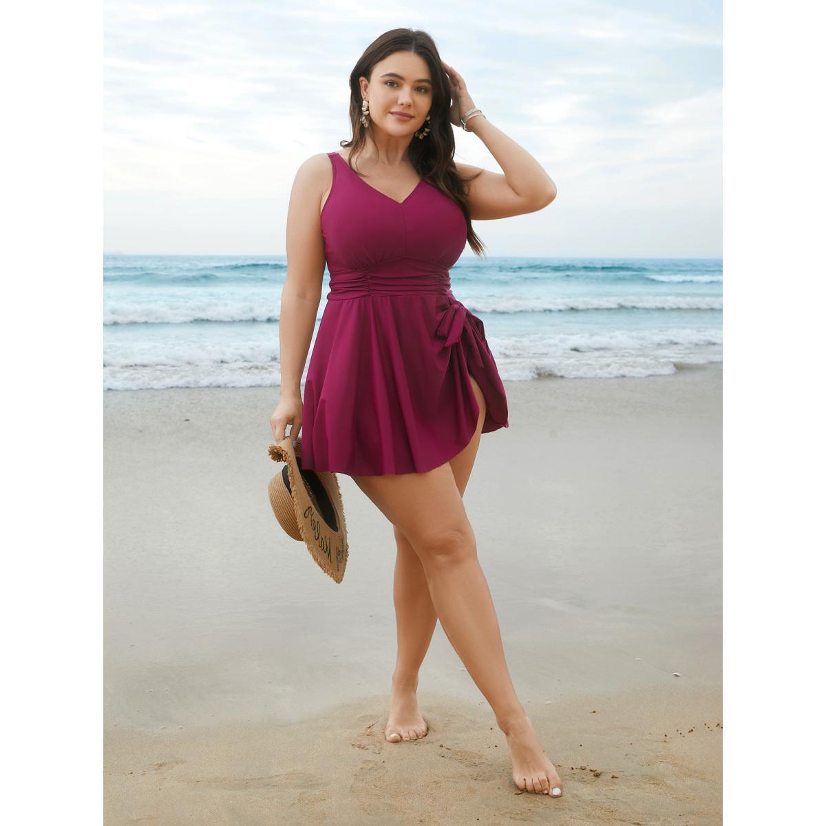 Plus Size Ruched Side-Tie Adjustable Swim Dress Women's Swimwear RedViolet Beach Bodycon U-neck High stretch Curve Swim Dresses BloomChic 30/6X Product Image
