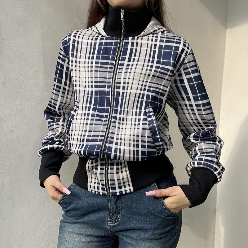 Stand Collar Plaid Zip Bomber Jacket Product Image