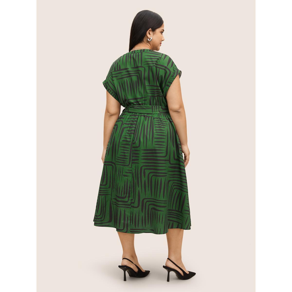 Plus Size Geometric Button Detail Cuffed Sleeve Dress DarkGreen Women At the Office Belted V-neck Short sleeve Curvy BloomChic 30/6X Product Image