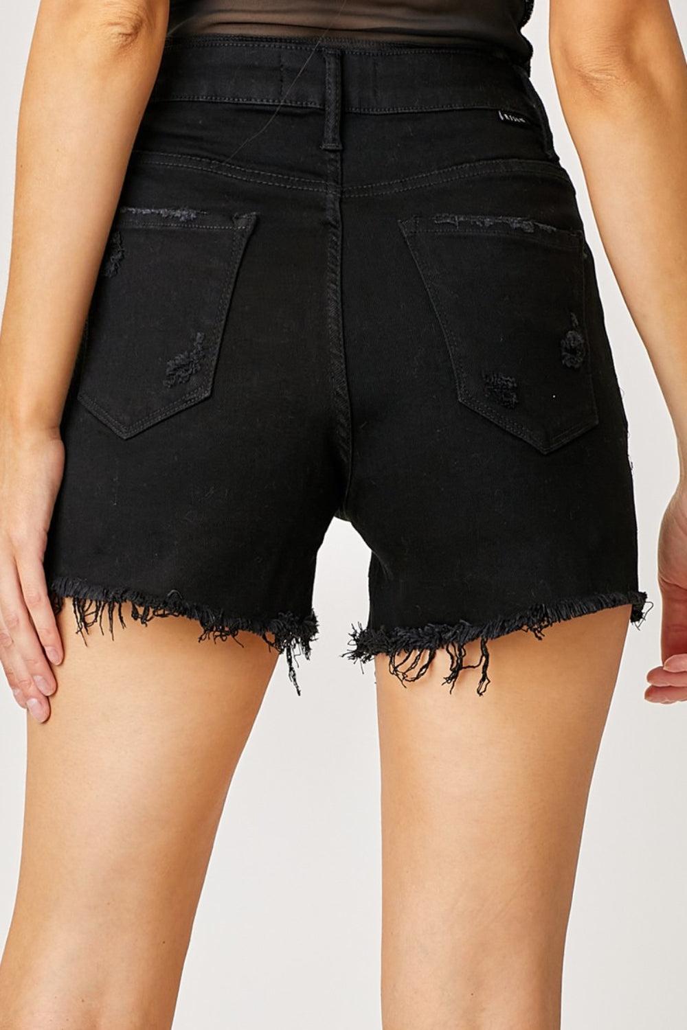 Risen Frayed Hem Denim Shorts with Fringe Pockets Product Image