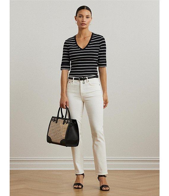Lauren Ralph Lauren Knit Stripe Stretch Cotton V-Neck Elbow Sleeve Tee Product Image