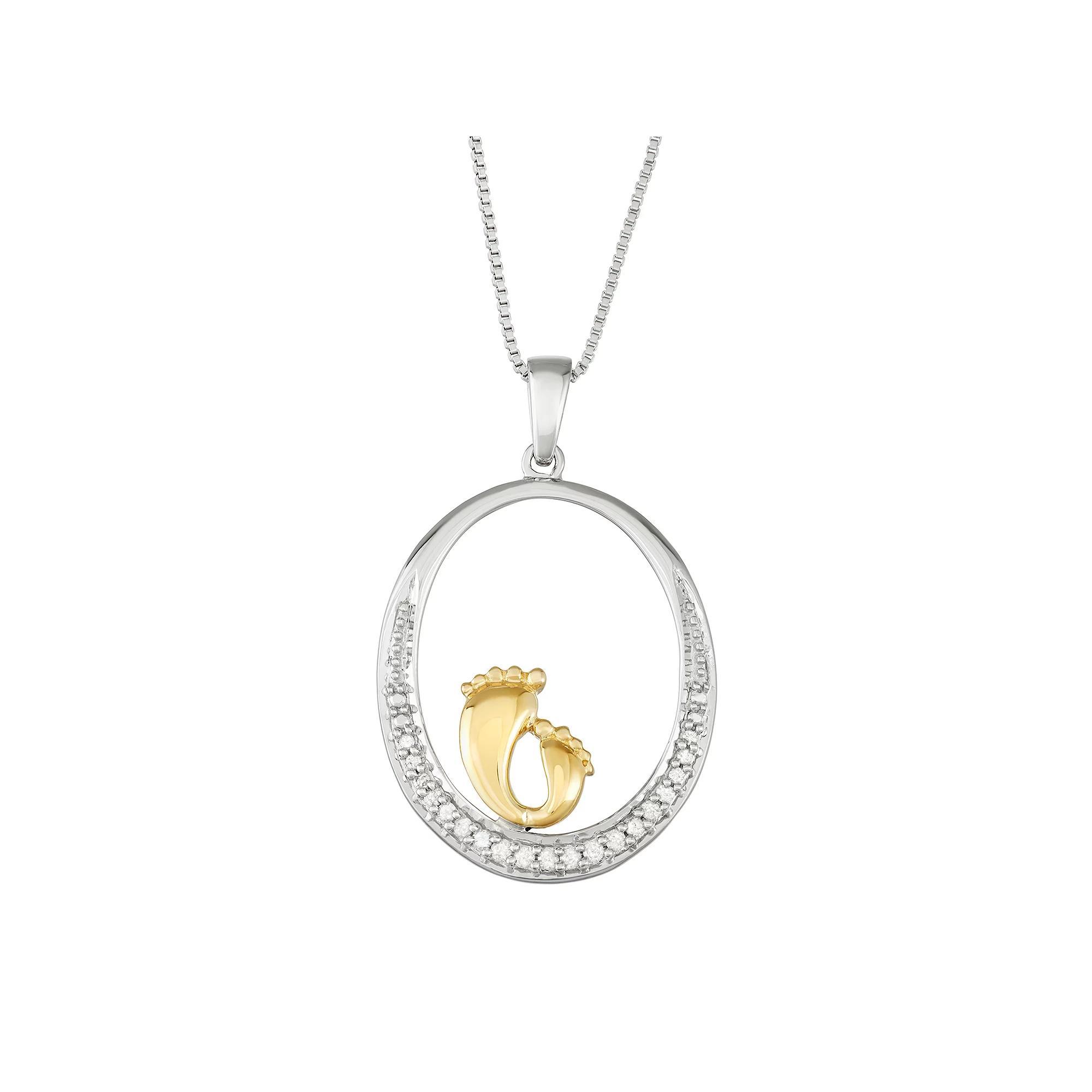 Two Tone Sterling Silver 1/10 Carat T.W. Diamond Motherly Love Feet Pendant, Women's, Size: 18" Product Image