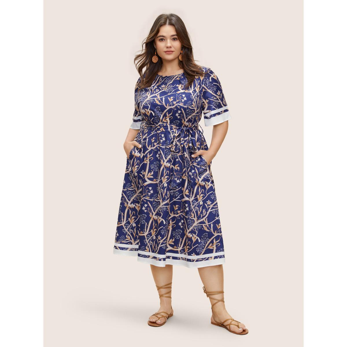 Plus Size Plants Print Contrast Belted Pleated Dress Aegean Women Resort Non Round Neck Short sleeve Curvy Midi Dress BloomChic 10/M Product Image