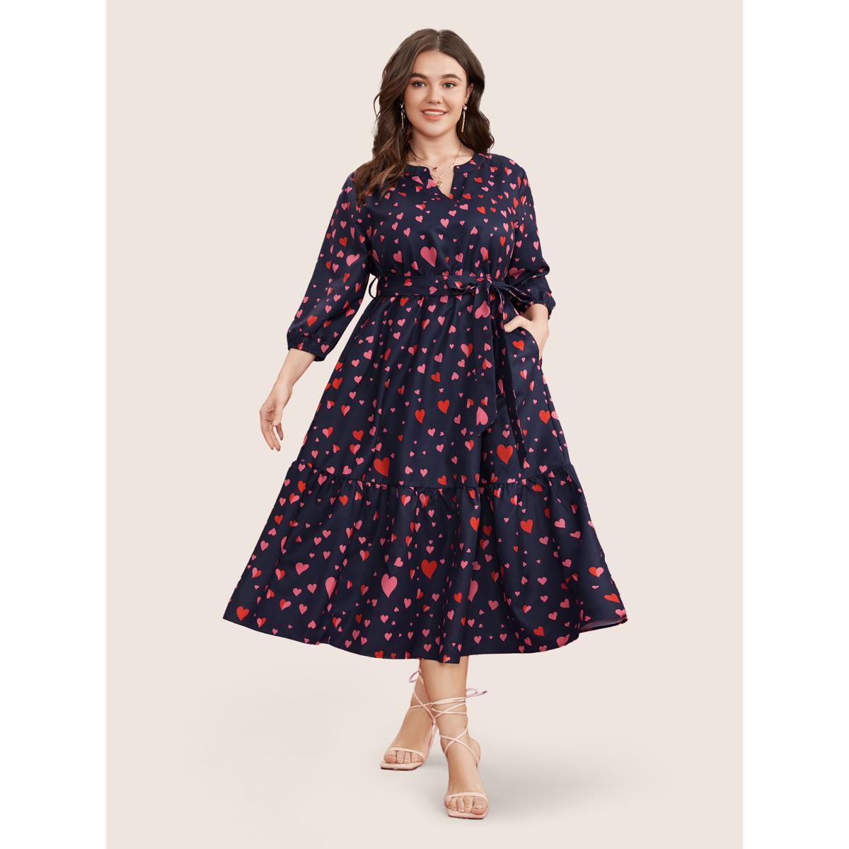 Plus Size Heart Print V Neck Pocket Belted Lantern Sleeve Ruffles Dress Navy Women Elegant Non V-neck Elbow-length sleeve Curvy Midi Dress BloomChic 26/4X Product Image