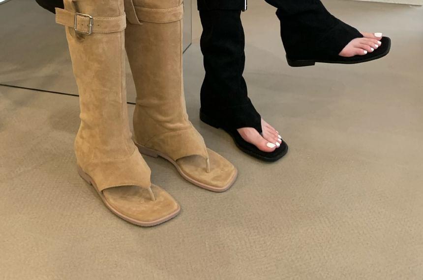 Block Heel Square Toe Plain Buckled Faux Suede Flip-Flops Mid-Calf Boots Product Image