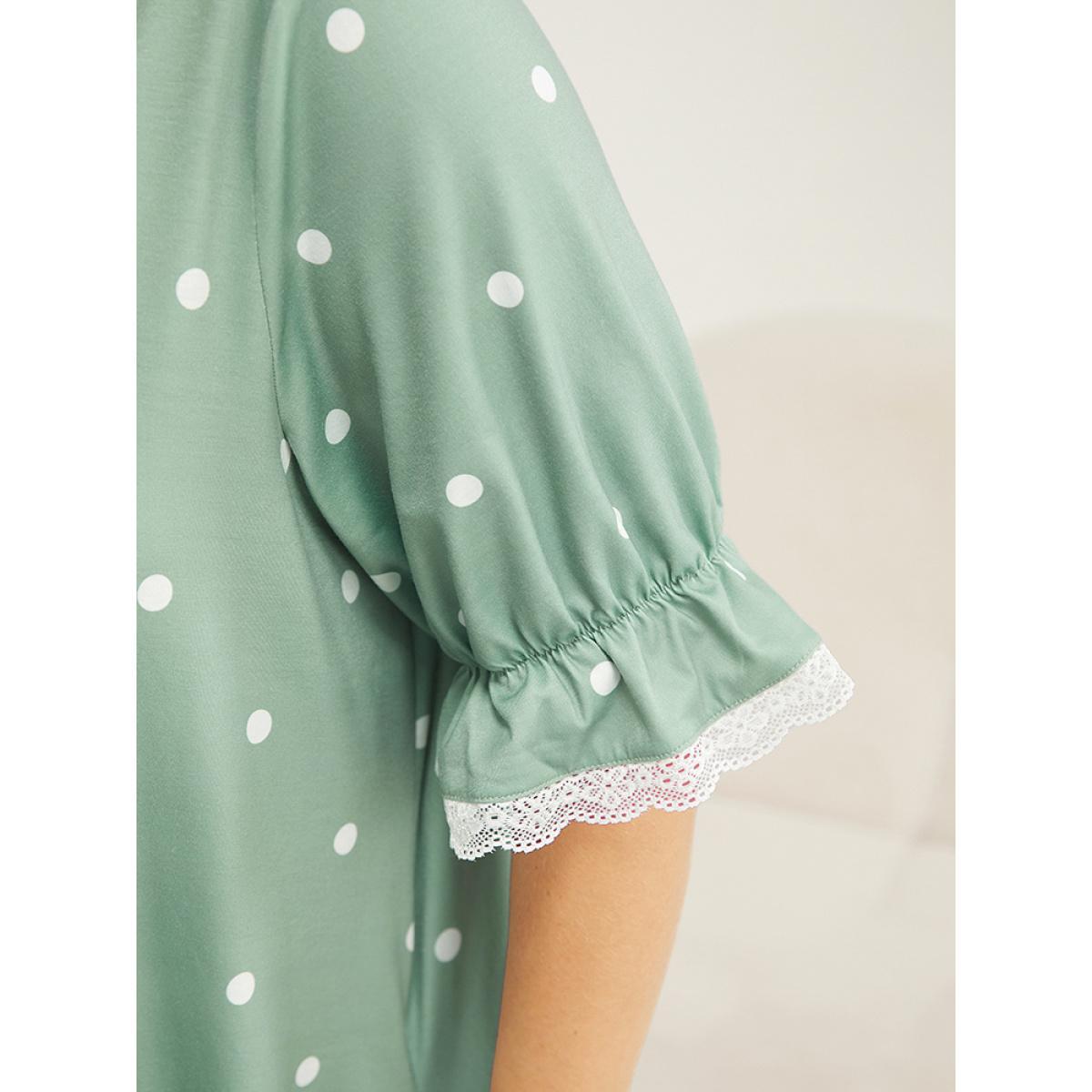 Plus Size Polka Dot Lace Ruffle Trim Pocket Sleep Dress Women Sage Elegant Polka Dot Lace Round Neck Pocket Loungewear BloomChic 30/6X Product Image