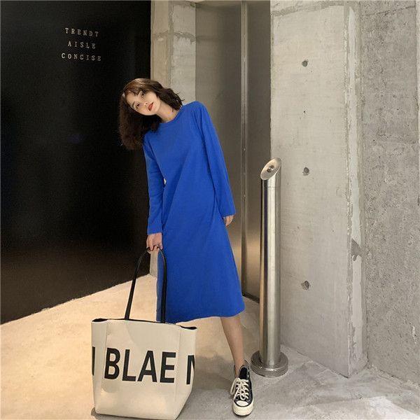 Long-Sleeve Crew Neck Midi T-Shirt Dress Product Image