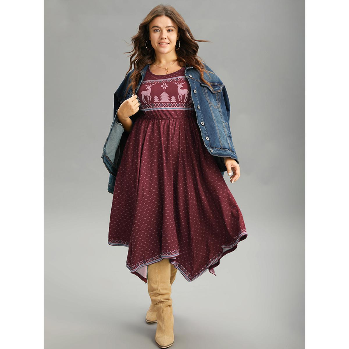 Plus Size Christmas Elk Elastic Waist Hanky Hem Dress Maroon Women Casual Printed Round Neck Half Sleeve Curvy Midi Dress BloomChic 14-16/1X Product Image