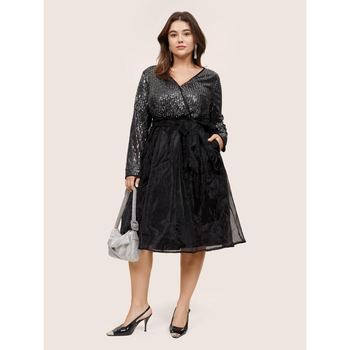 Plus Size Sequin Mesh Patchwork Wrap Belted Dress Black Women Cocktail Sequin Overlap Collar Long Sleeve Curvy Midi Dress BloomChic 18-20/2X Product Image