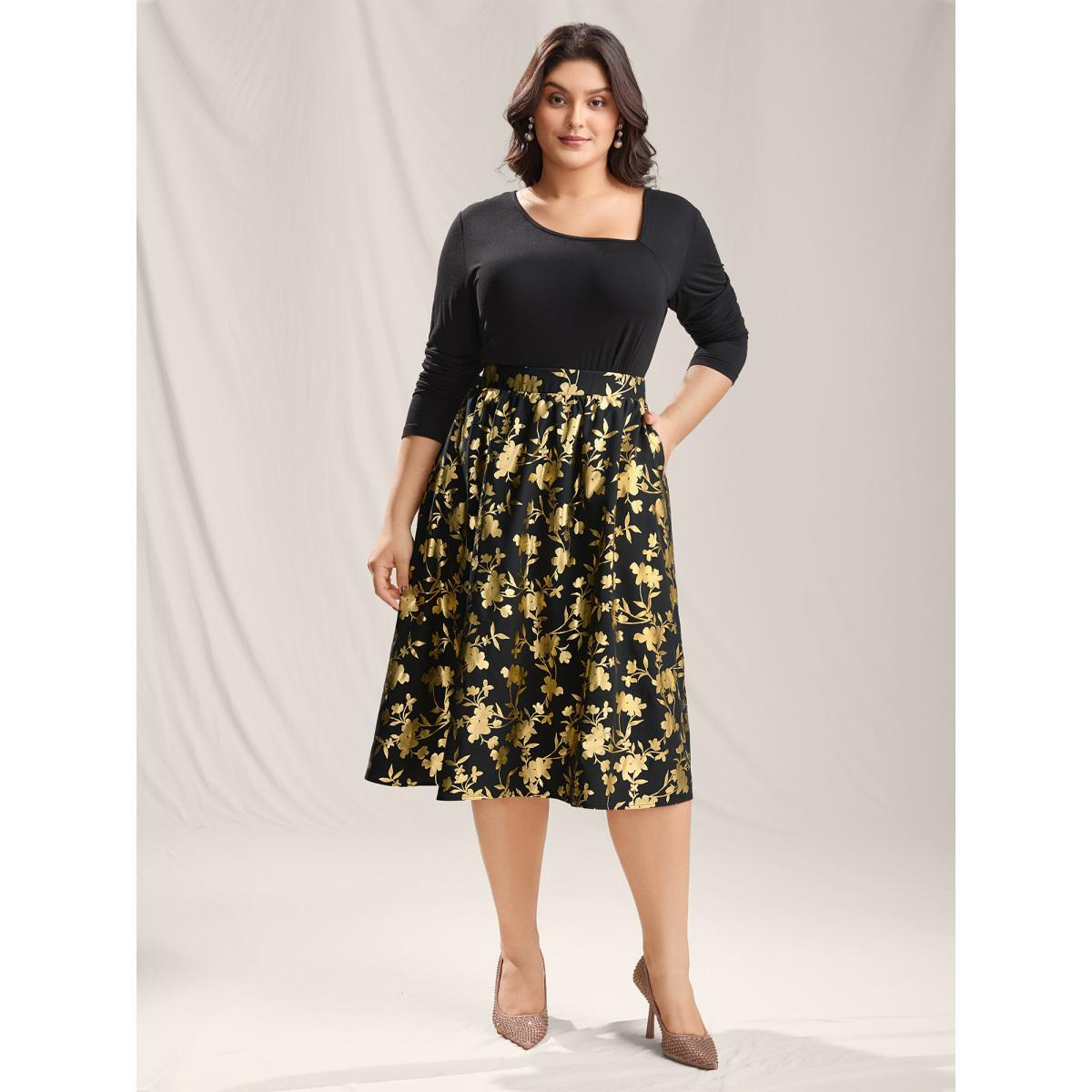 Plus Size Shimmery Floral Hot Stamping Midi Skirt Women Black Contrast Bodycon Low stretch Slanted pocket Party Skirts BloomChic 18-20/2X Product Image