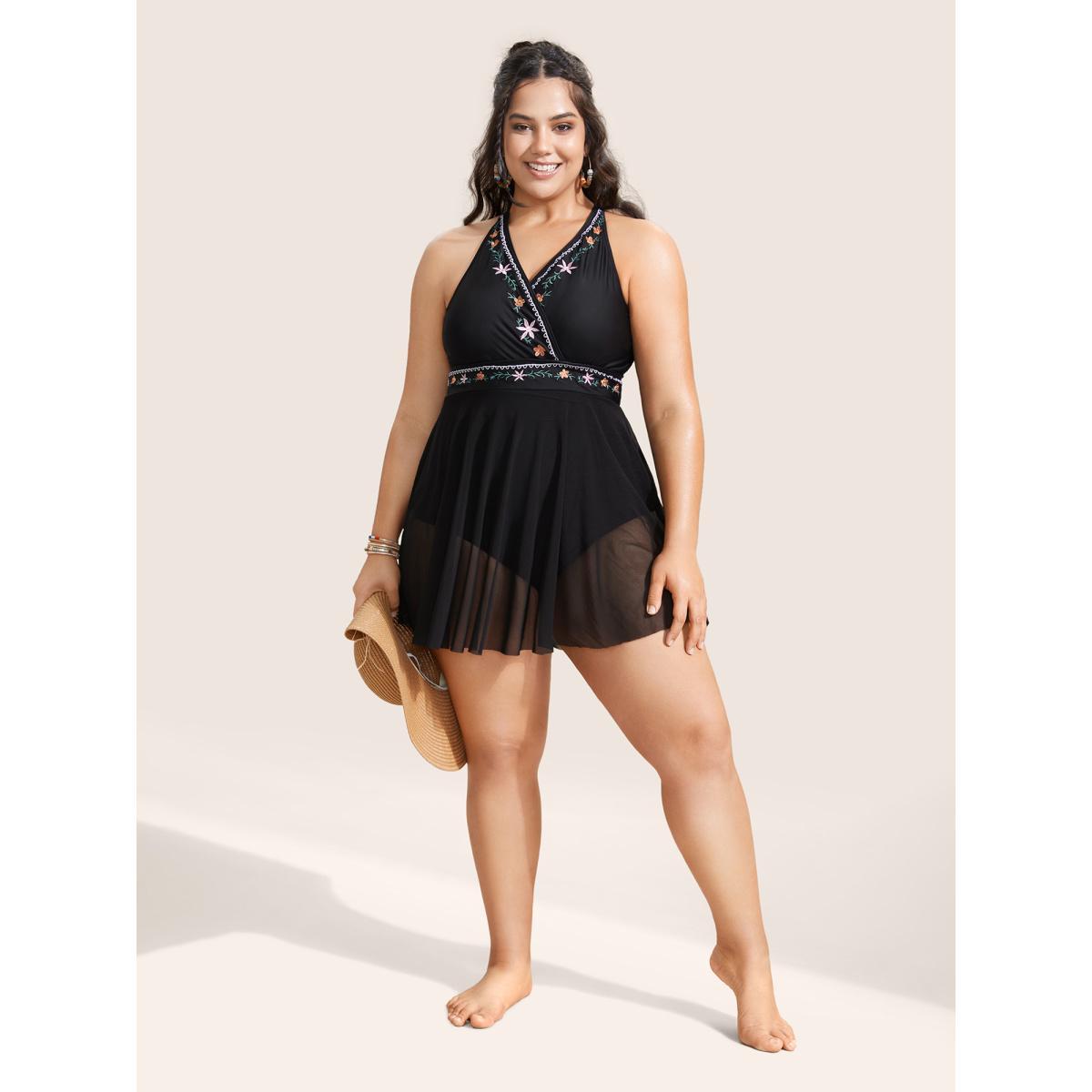 Plus Size Floral Embroidered Overlap Collar Swim Dress Women's Swimwear Black Beach Bodycon Overlap Collar High stretch Curve Swim Dresses BloomChic 26/4X Product Image