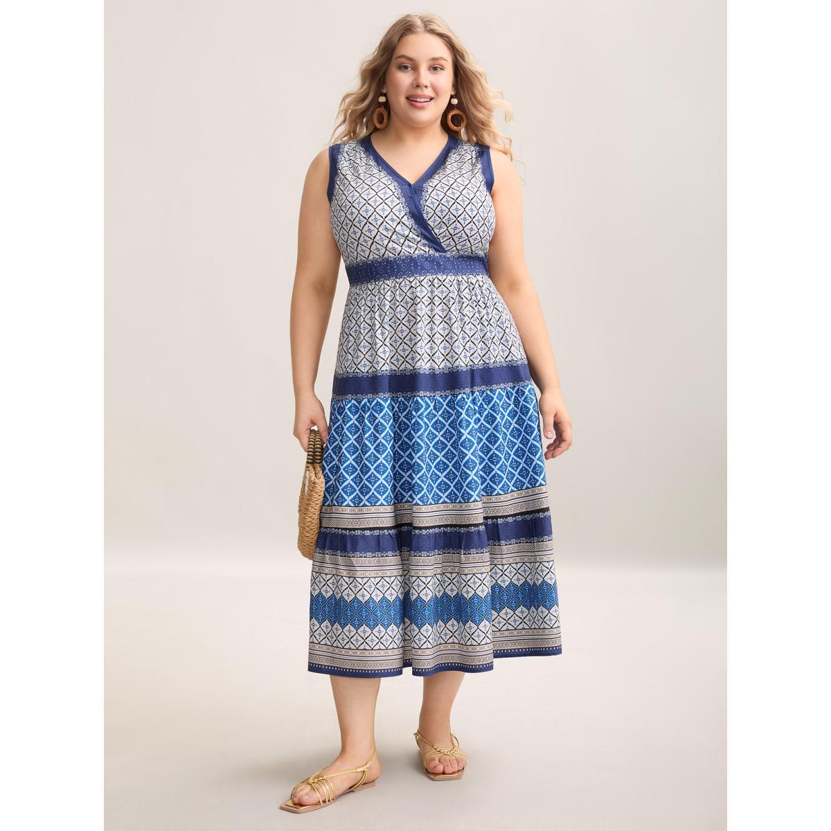Plus Size Boho Pattern Spliced Sleeveless Midi Dress Indigo Women Resort Non V-neck Sleeveless Curvy BloomChic 22-24/3X Product Image