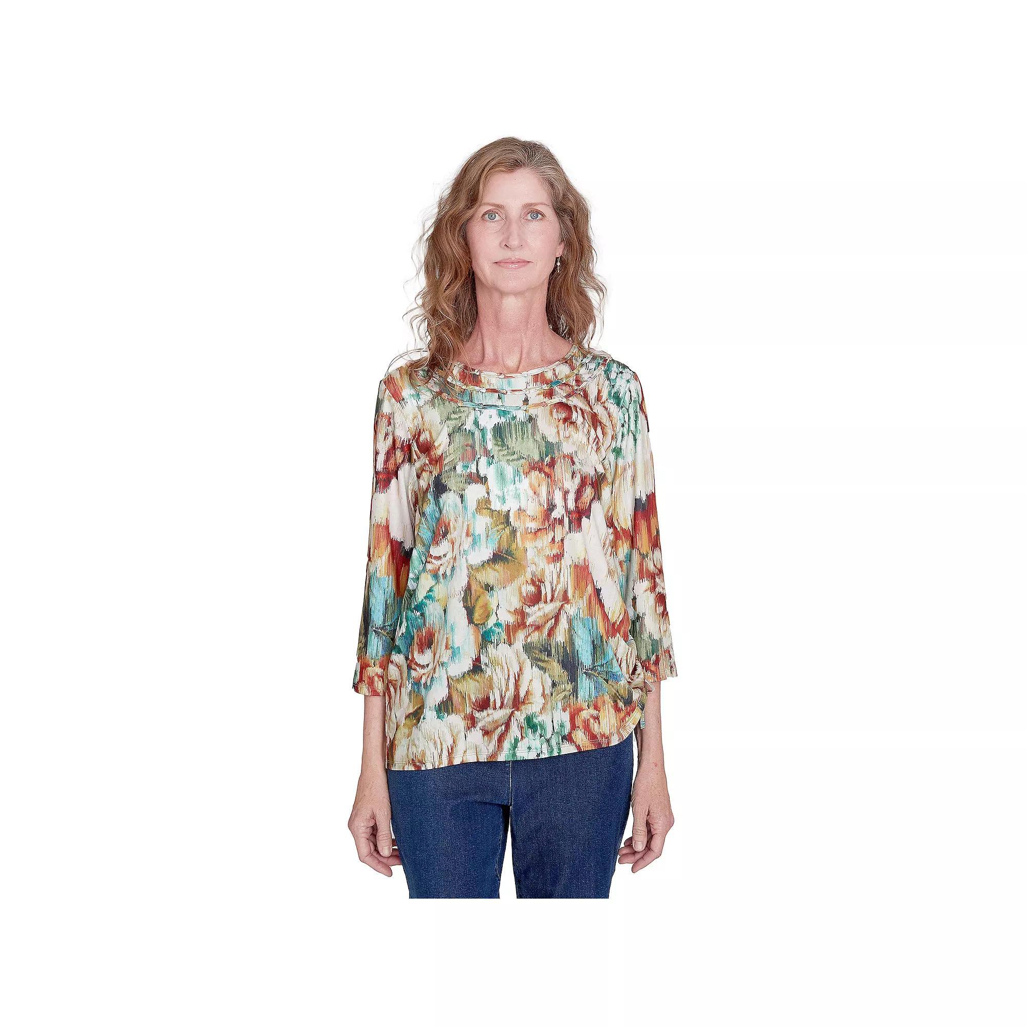 Petite Alfred Dunner Earth Floral Crewneck Top, Women's, Size: Small Petite, Mult Orange Product Image