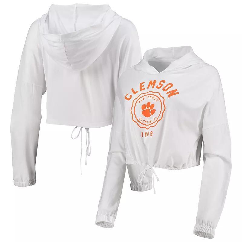 Womens White Clemson Tigers Poppy Cinched Cropped Hoodie Long Sleeve T-shirt Product Image