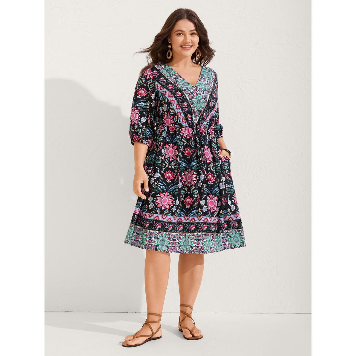 Plus Size Rayon Floral Print Pockets Midi Dress Black Women V-neck Half Sleeve Curvy BloomChic 14-16/1X Product Image