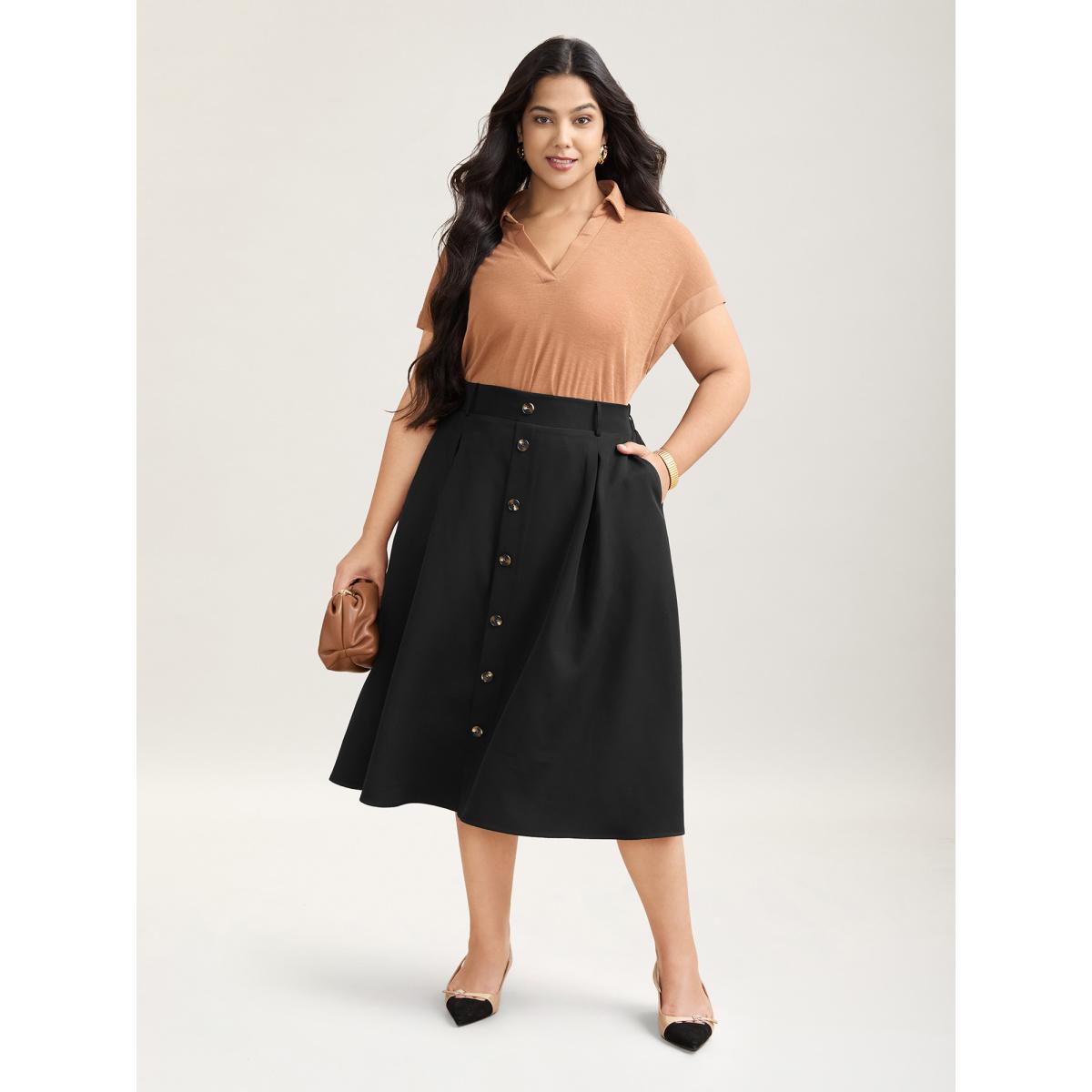 Plus Size Buckled Button Front Pleated Midi Skirt Women Black At the Office Pleated Low stretch Slanted pocket Work Skirts BloomChic 12/L Product Image