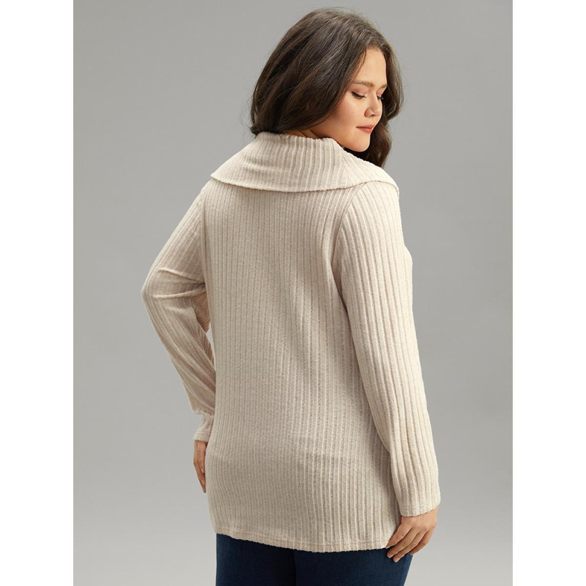 Plus Size Plain Rib Knit Cowl Neck T-shirt Apricot Women Elegant Texture Plain Ruffled collar Dailywear T-shirts BloomChic 10/M Product Image