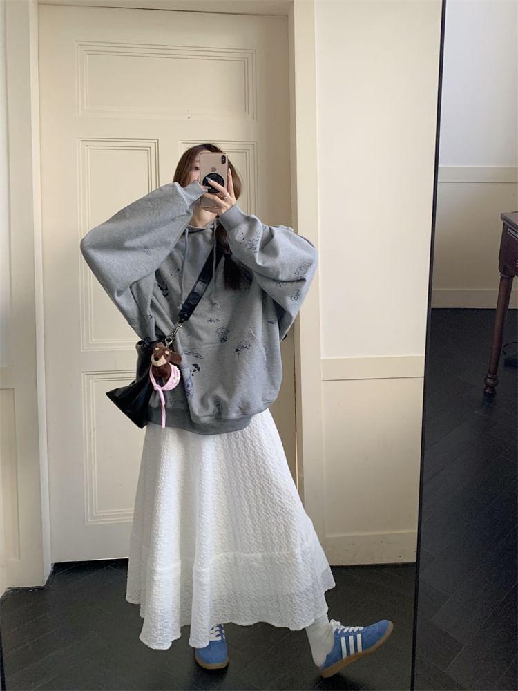 Cartoon Print Hoodie / High Waist Plaid Midi A-Line Skirt Product Image