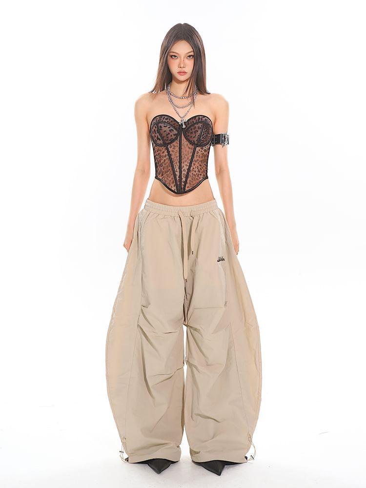 Drawstring Waist Lettering Embroidered Wide Leg Cargo Pants Product Image