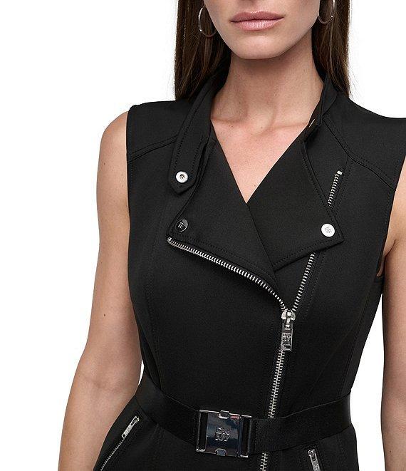 DKNY by Donna Karan Knit Notch Collar Neck Sleeveless Buckle Belt Front Zipper Sheath Mini Dress Product Image
