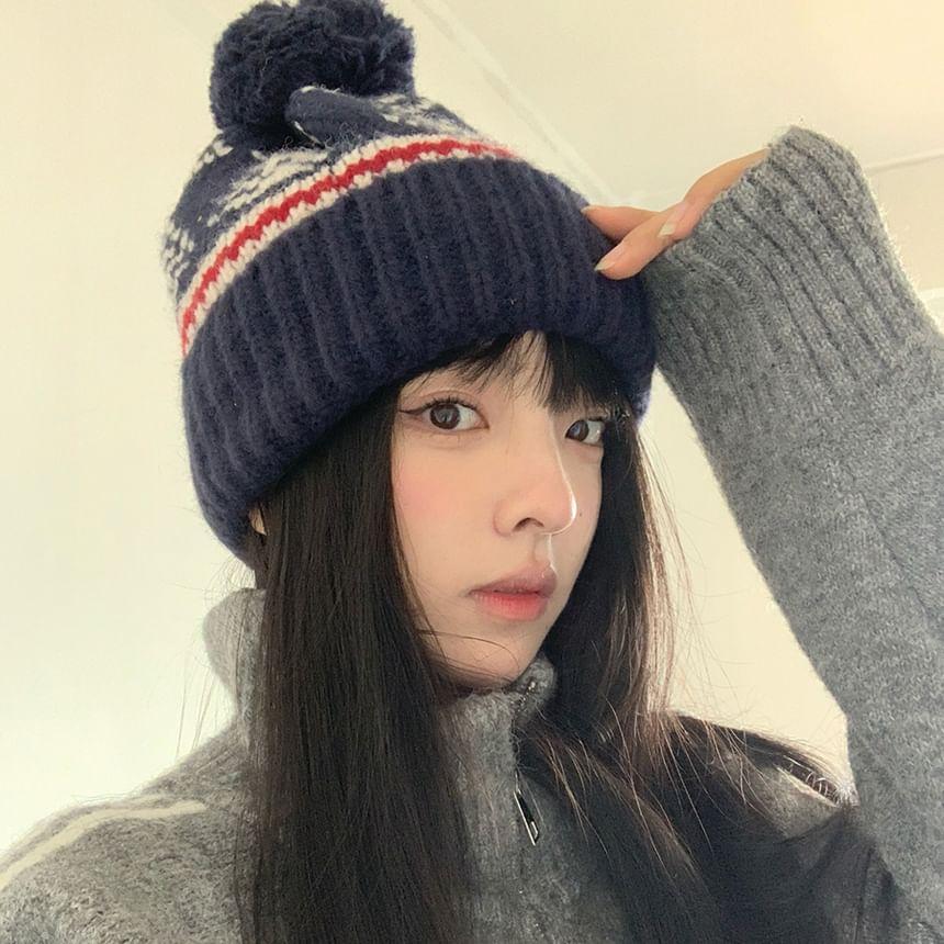 Patterned Pom Pom Knit Beanie Product Image