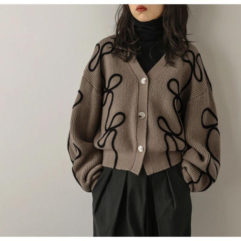 V-Neck Embroidered Button Crop Cardigan Product Image