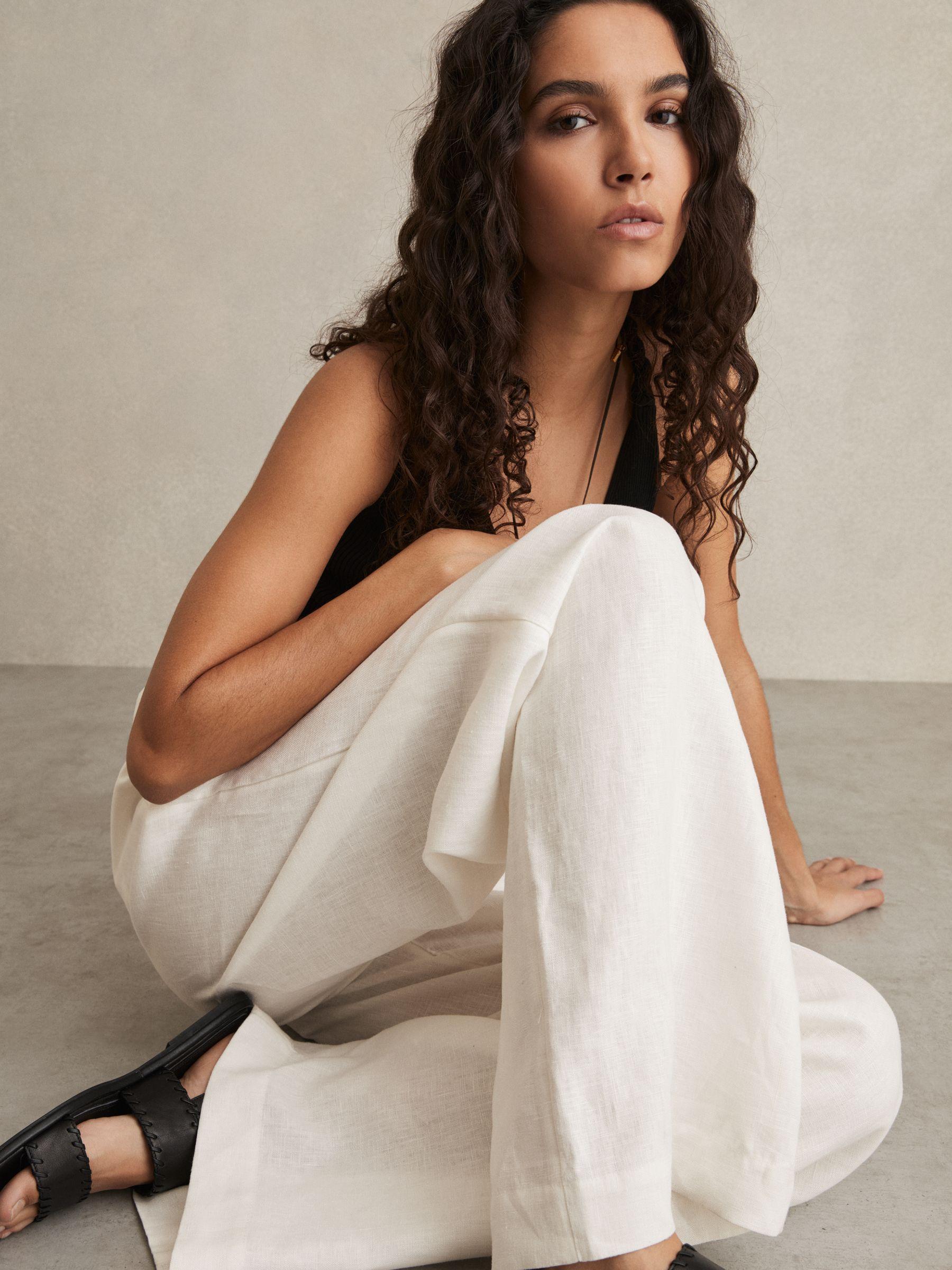 Linen Palm Print Halterneck Midi Dress in Neutral Product Image