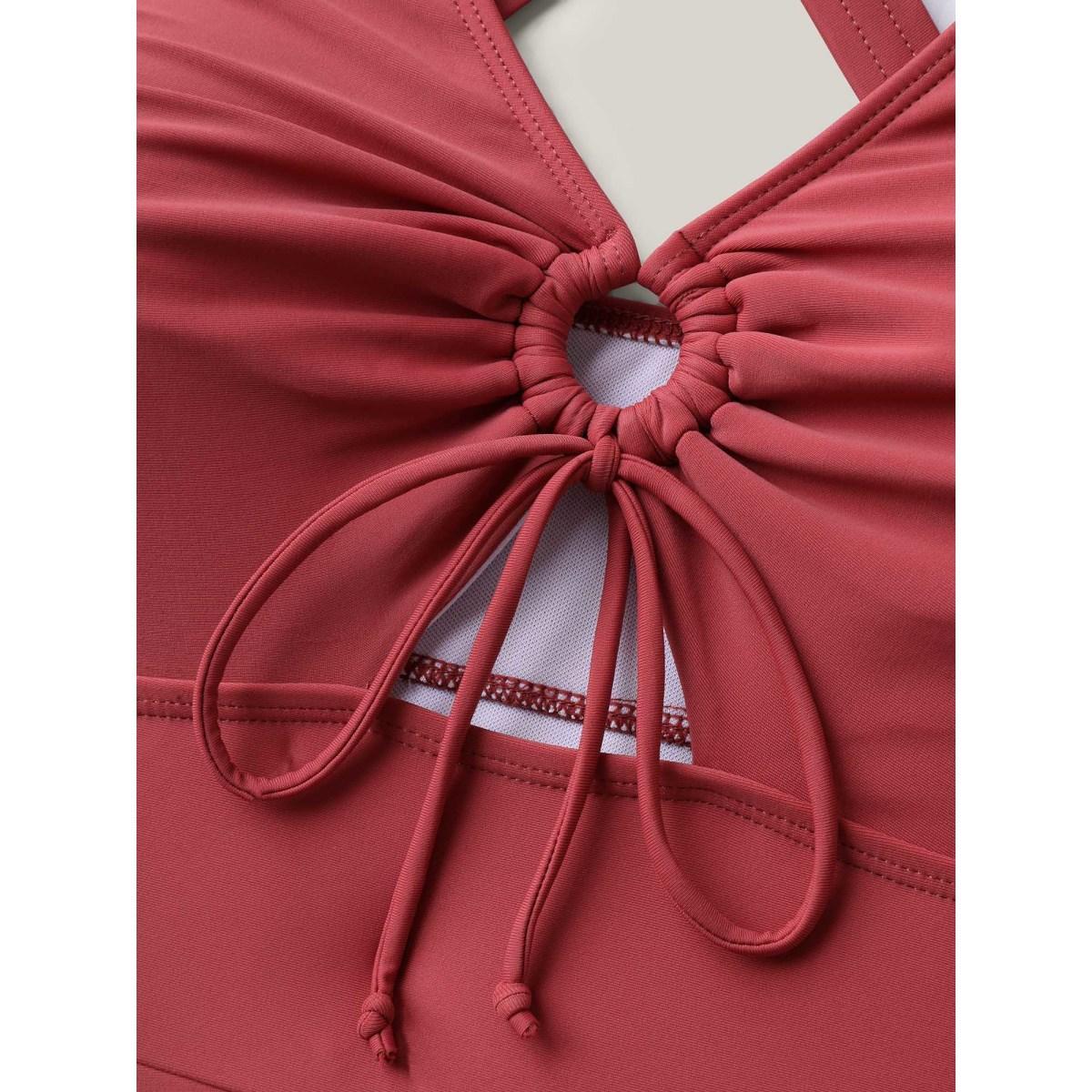 Plus Size Anti-Float Tie Keyhole Swim Dress Women's Swimwear Rust Beach Bodycon V-neck High stretch Curve Swim Dresses BloomChic 28/5X Product Image