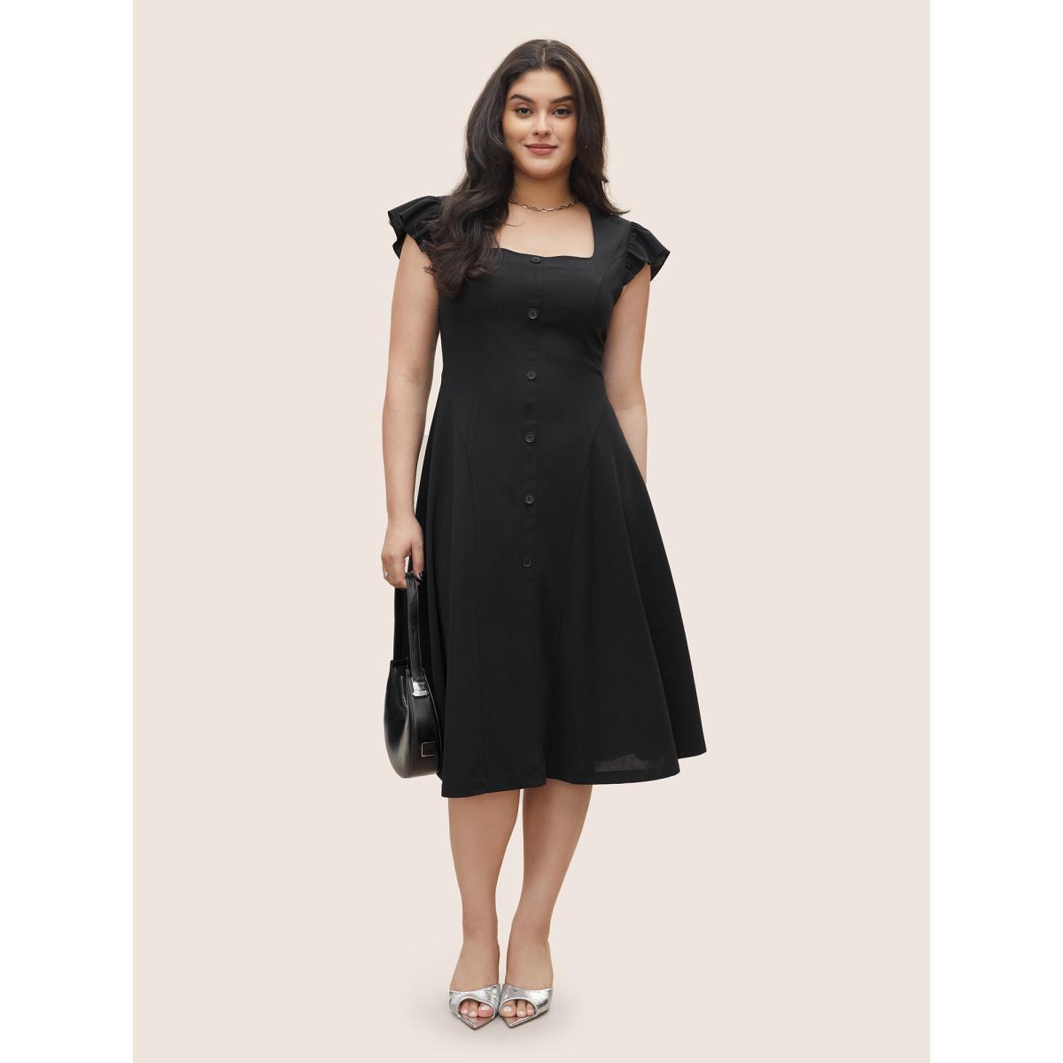 Plus Size Solid Ruffle Cap Sleeve Button Detail Dress Black Women At the Office Non Square Neck Cap Sleeve Curvy Midi Dress BloomChic 30/6X Product Image