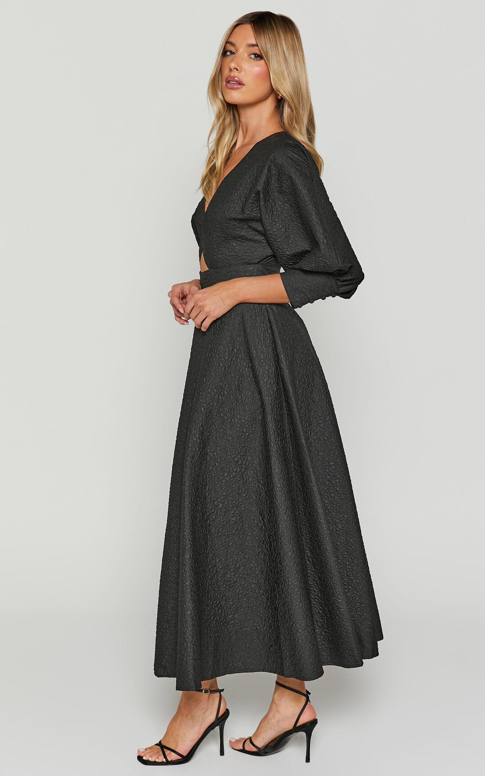 Ashtina Midi Dress - V Neck Cut Out Puff Sleeve Dress in Black Product Image