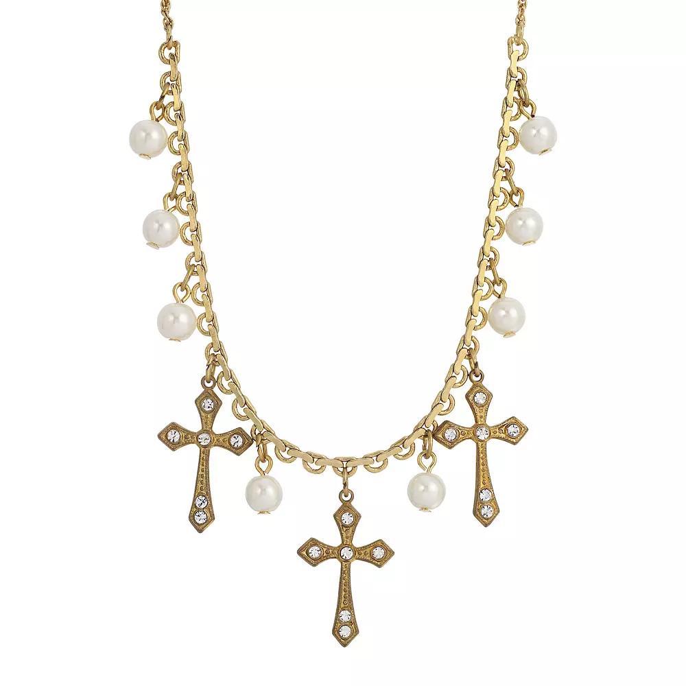Symbols of Faith Triple-Cross Faux-Pearl Drop Necklace, Womens, White Product Image