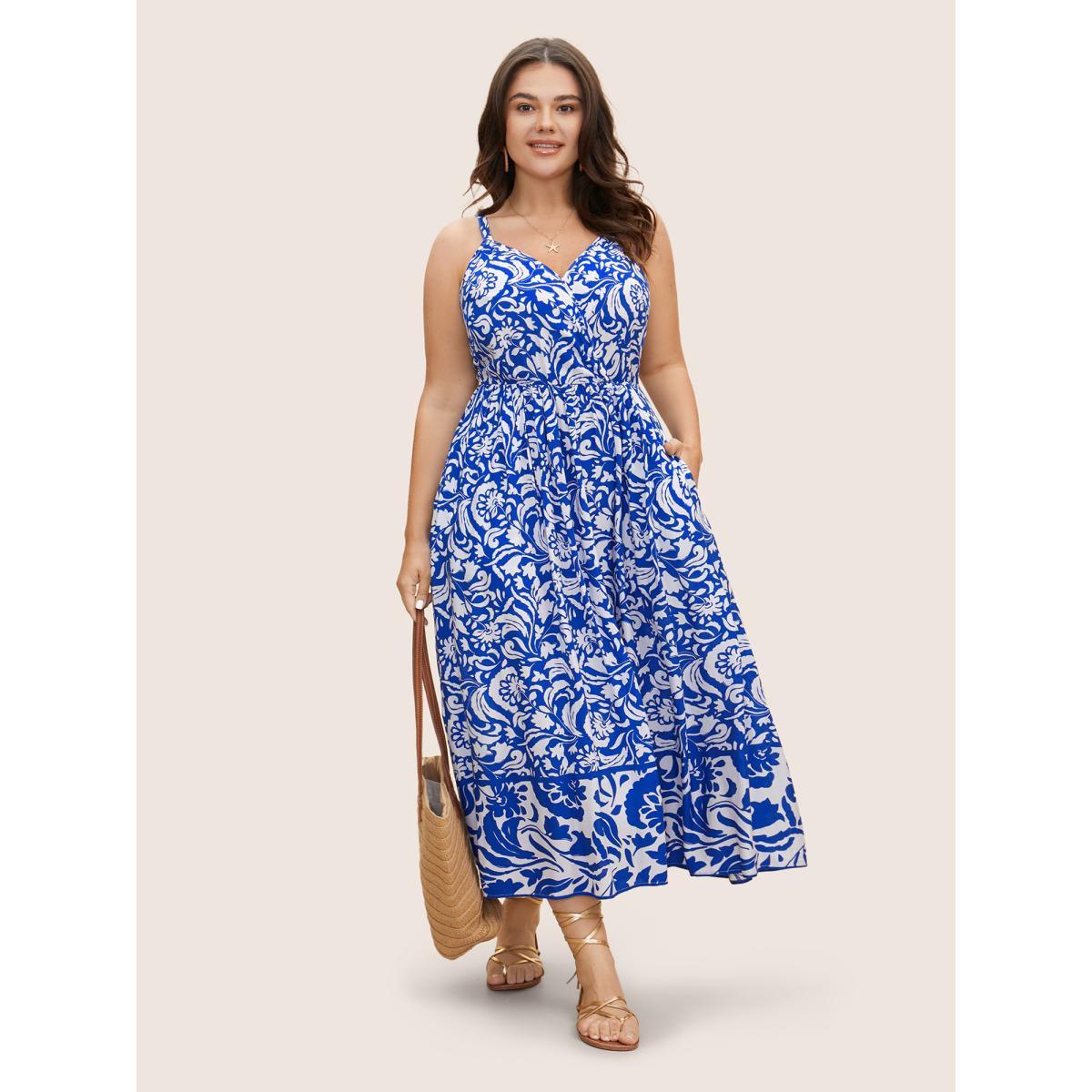 Plus Size Rayon Boho Print Wrap Cami Dress Brightblue Women Resort Ruffles Overlap Collar Sleeveless Curvy BloomChic 14-16/1X Product Image