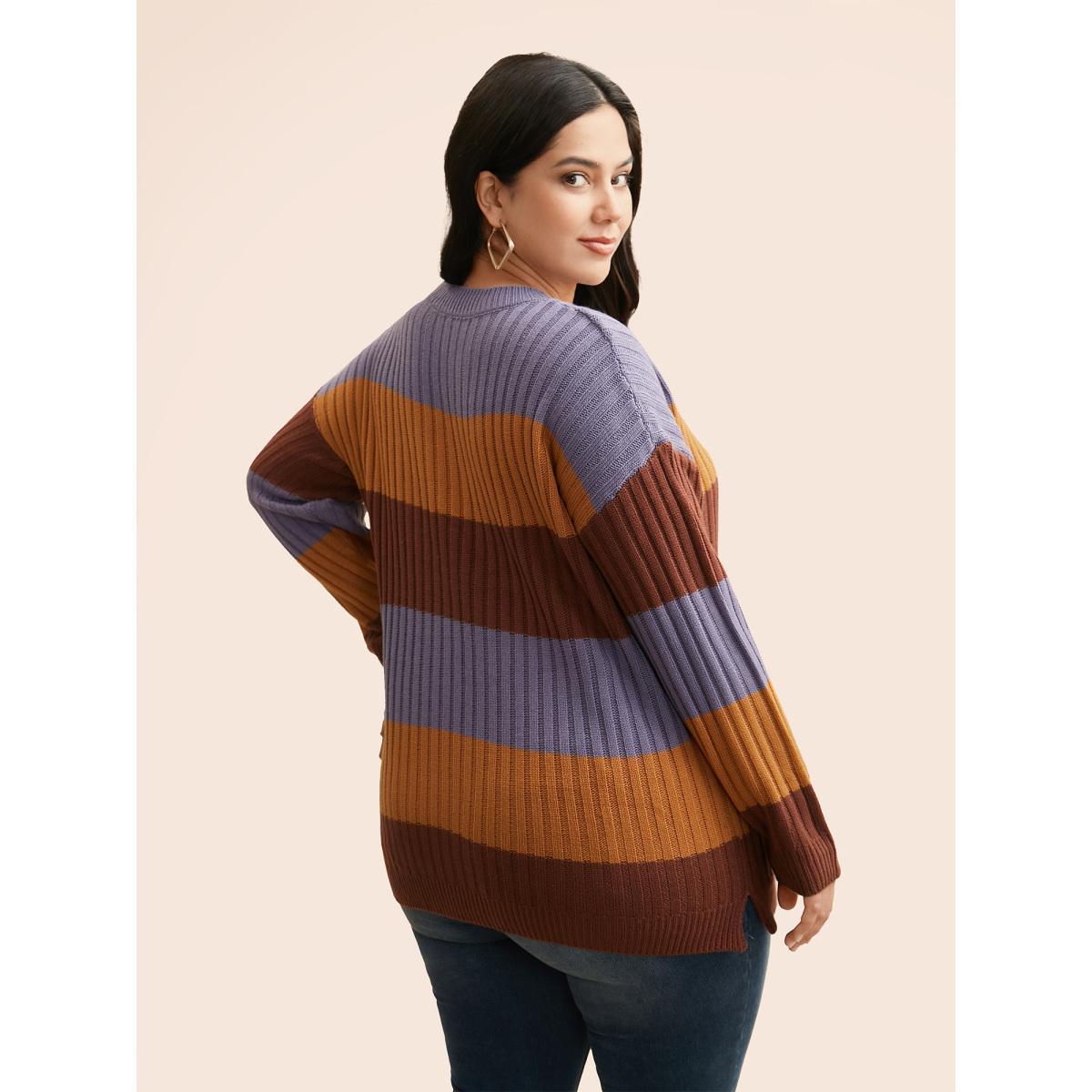 Plus Size Colorblock Contrast Split Hem Pullover Browncoffeecolor Women Casual Loose Long Sleeve Round Neck Everyday Pullovers BloomChic 10/M Product Image