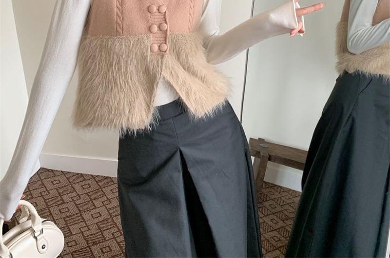 V-Neck Fluffy Panel Double-Breasted Sleeveless Top Product Image
